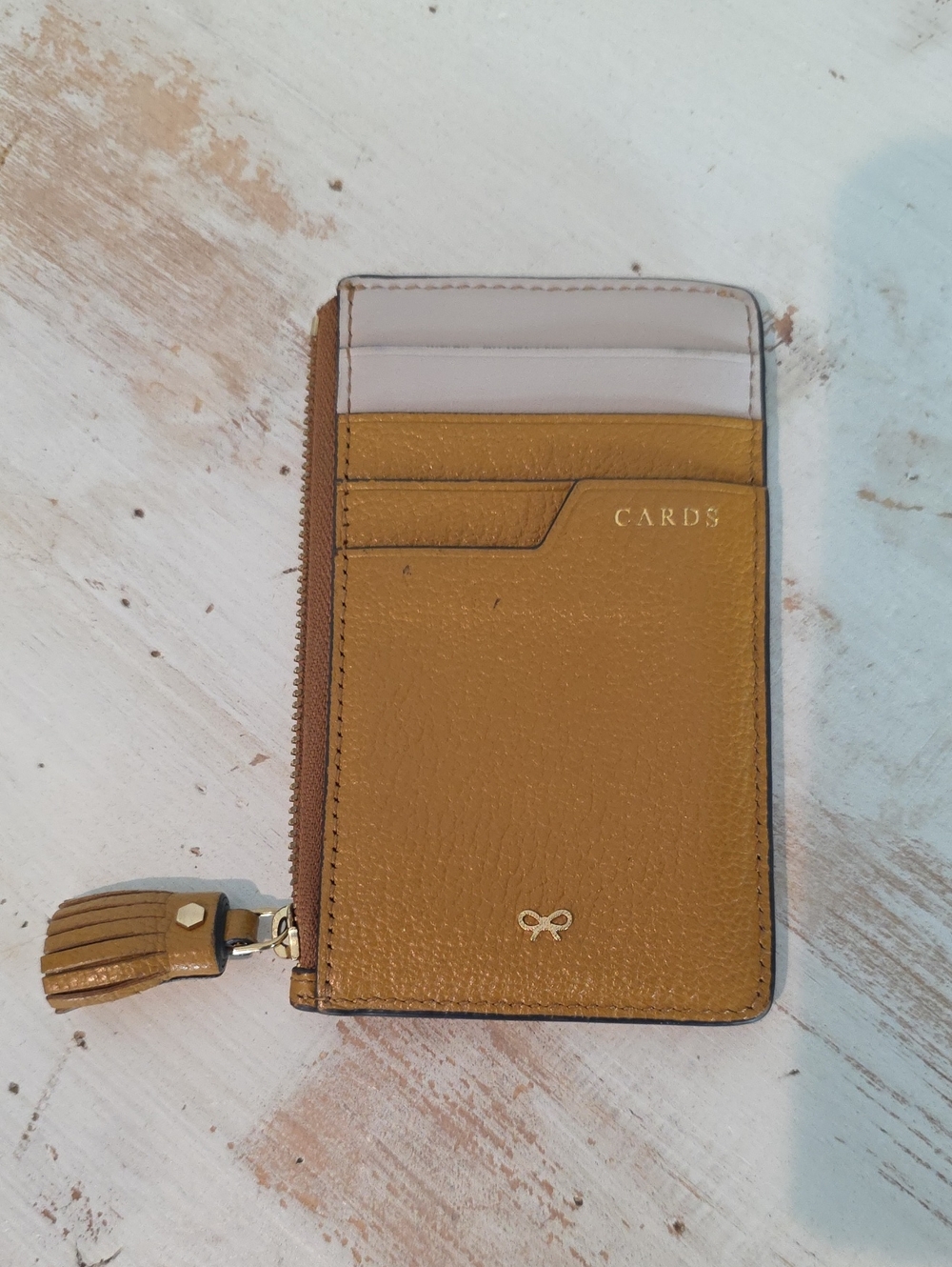 Anya Hindmarch Mustard Yellow and Cream Leather Card Wallet with Tassel